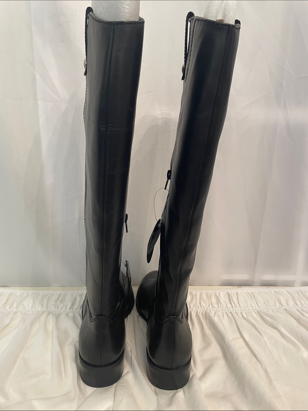 INC Black leather Riding Boots, Wide Calf, 18” Tall, 1” heel, side zip top loops - Picture 8 of 16